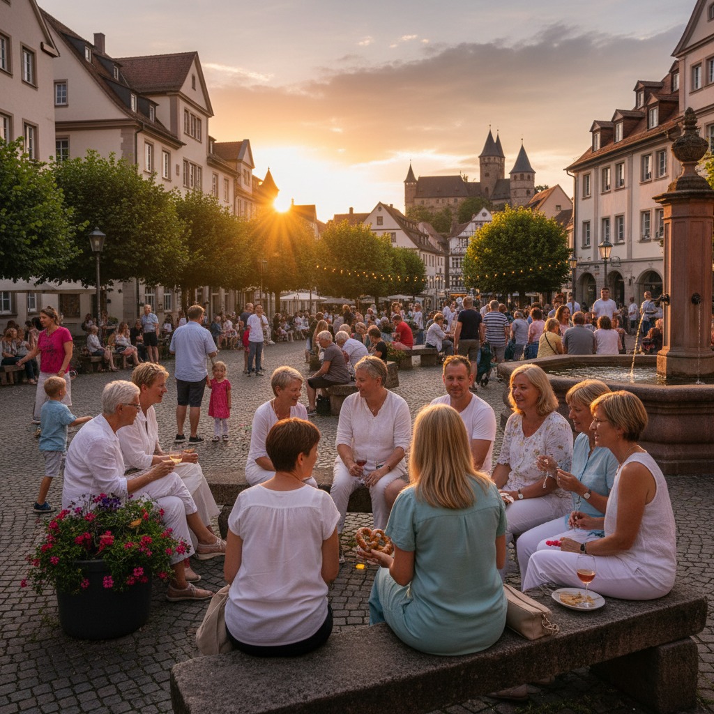 Eine Gruppe von Menschen sitzt in der Abenddämmerung auf einem historischen Marktplatz mit Brunnen und Fachwerkhäusern zusammen.