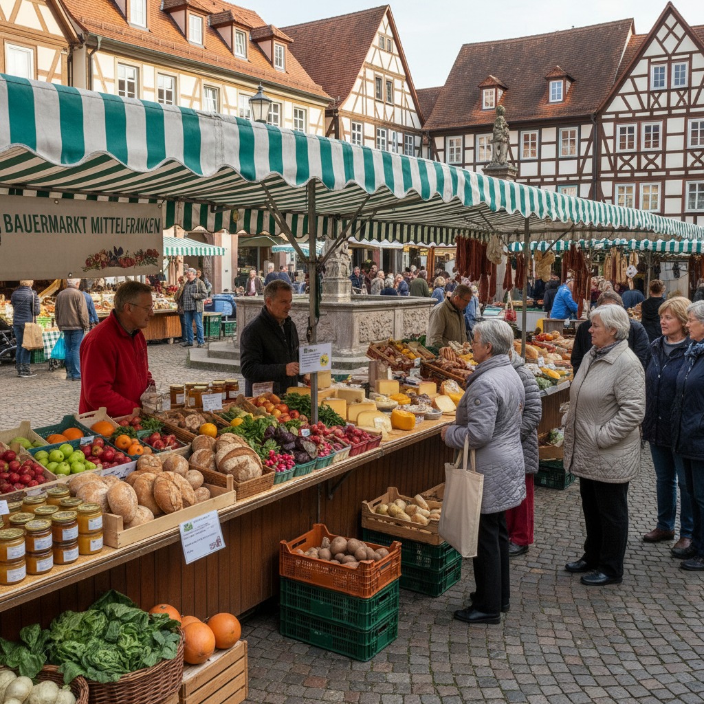 Menschen kaufen an einem Marktstand mit frischen Lebensmitteln vor einer historischen Fachwerkkulisse ein.