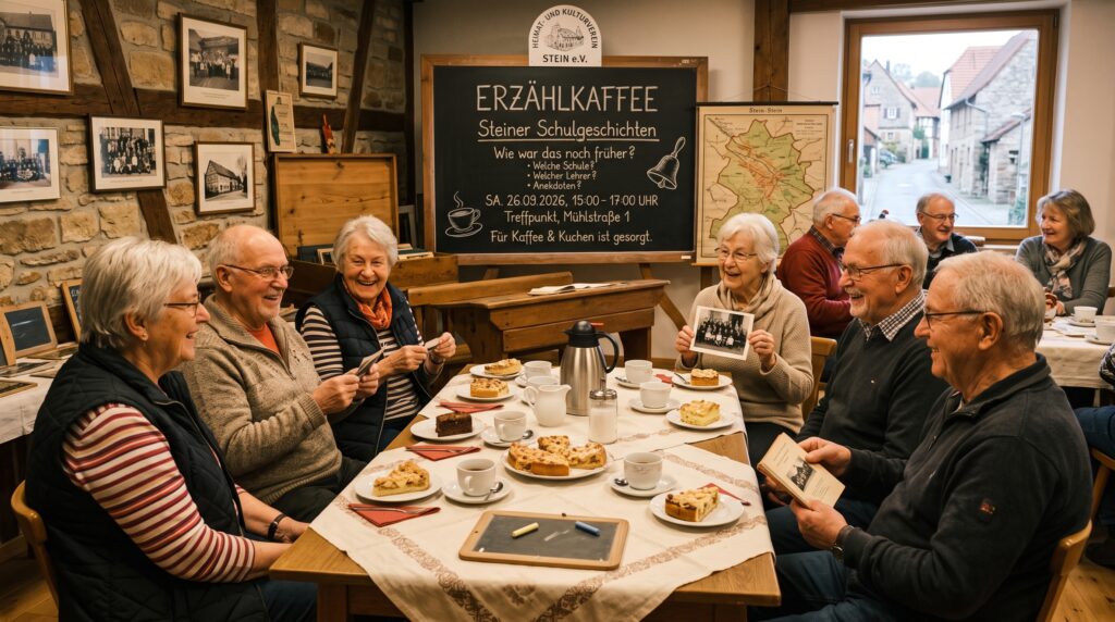 Gruppe von alten Menschen, die sich über Ihre Schulzeit bei Kaffee und Kuchen unterhalten